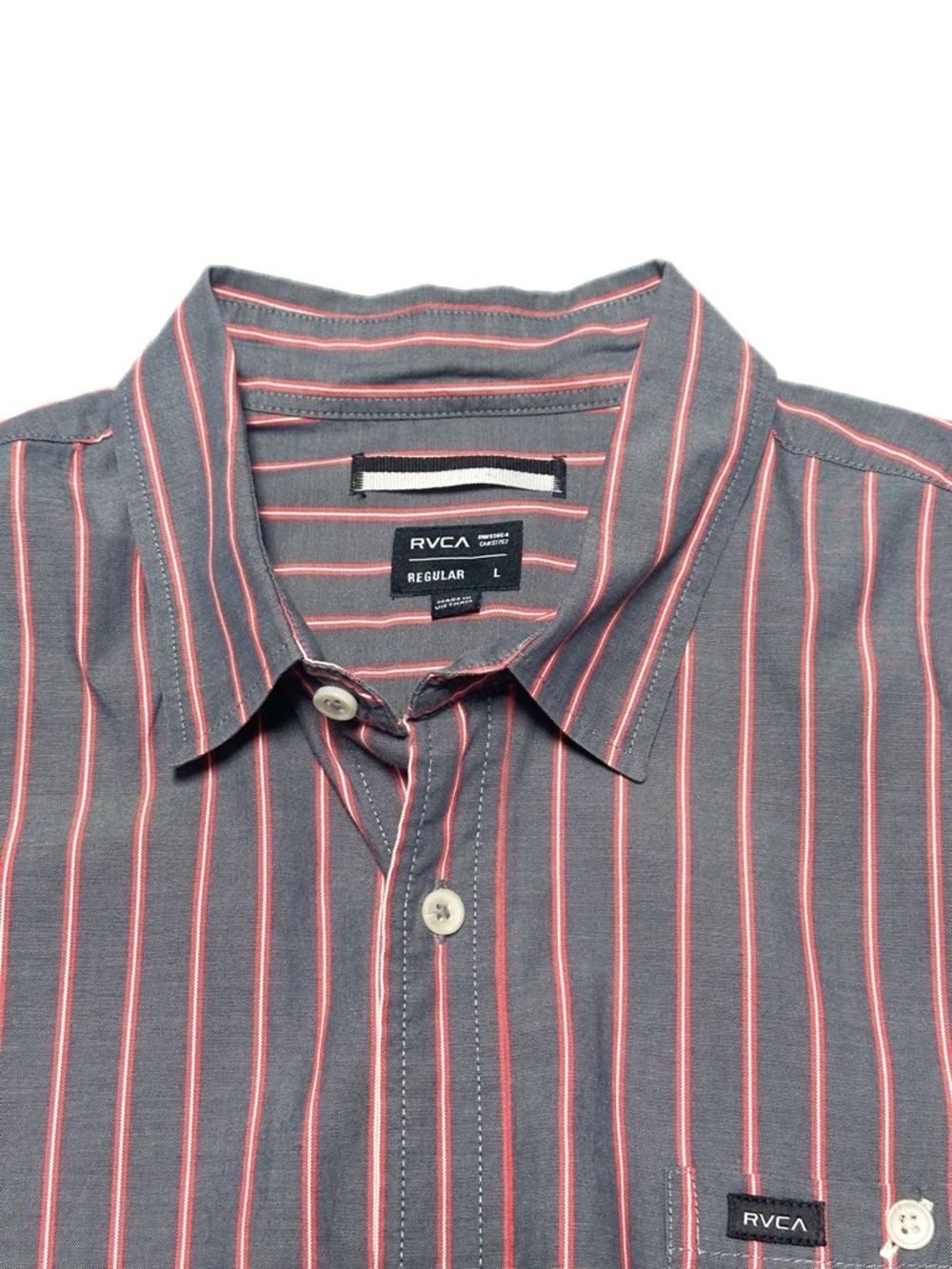 RVCA Men’s Short Sleeve Button Down Twill Shirt Grey + Red Piped Pinstriped